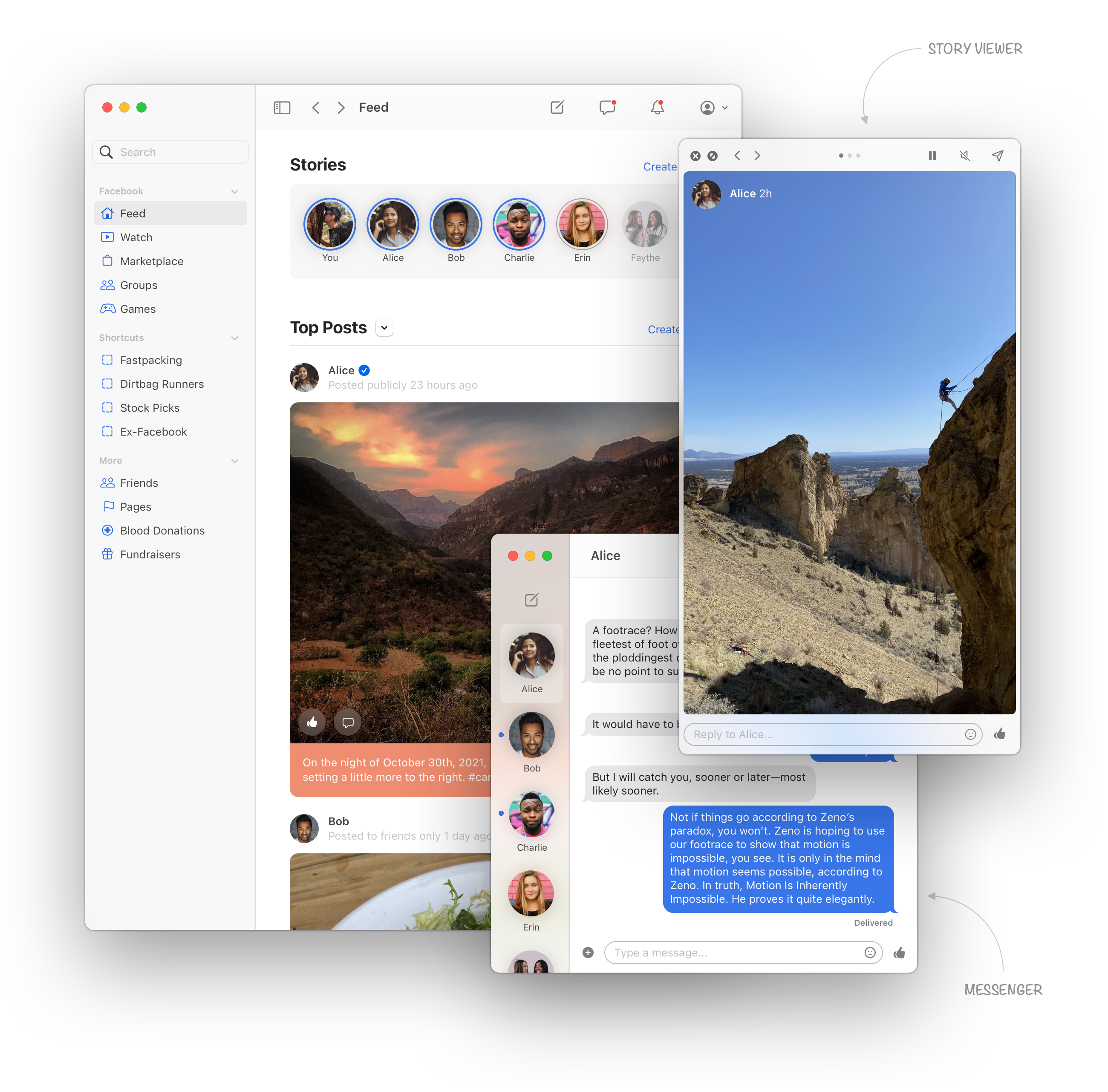 Screenshots that depict Facebook as a desktop app. The main app includes feed and a sidebar navigation, another window shows chat and another shows how Stories would look.